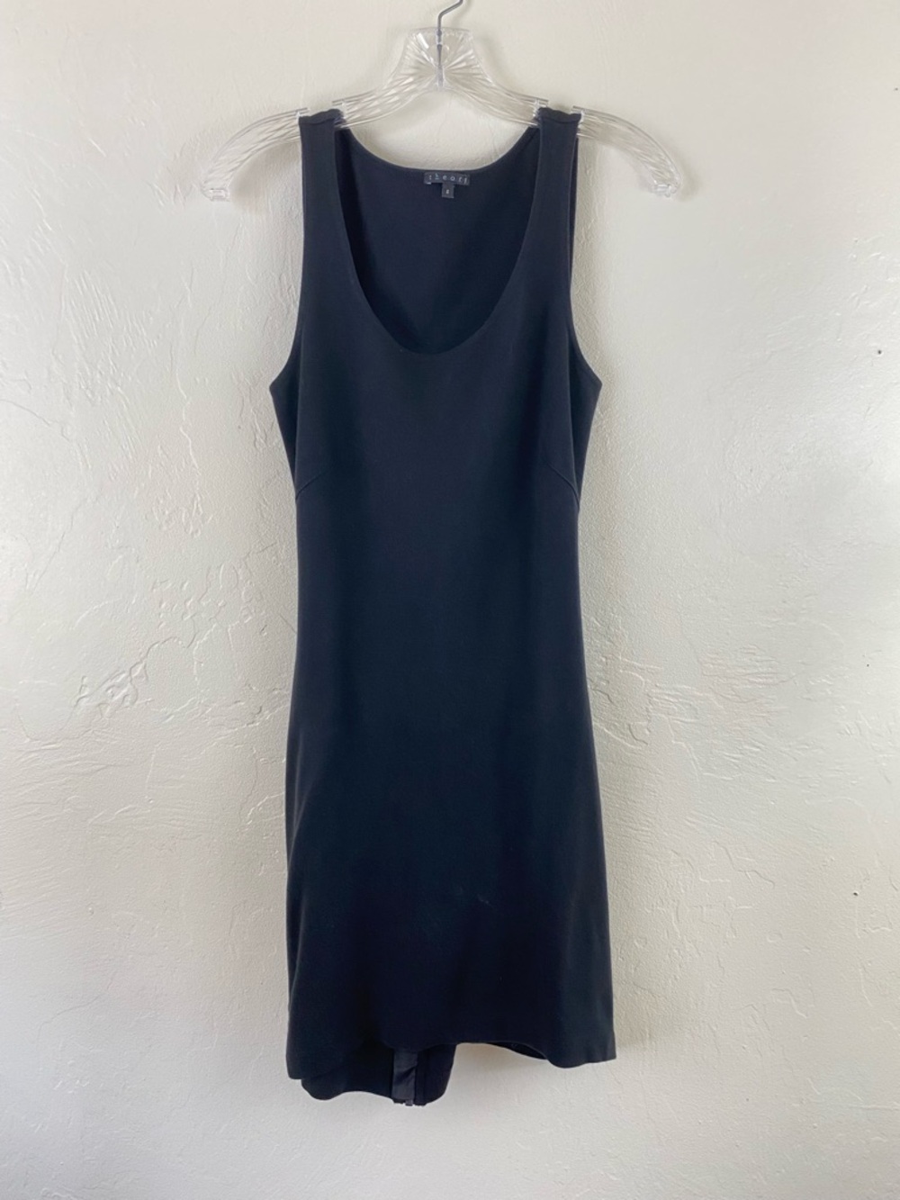 Theory Size 8 Black Jersey Cotton Knit Tank Style Open Back Zip-up Mini Dress